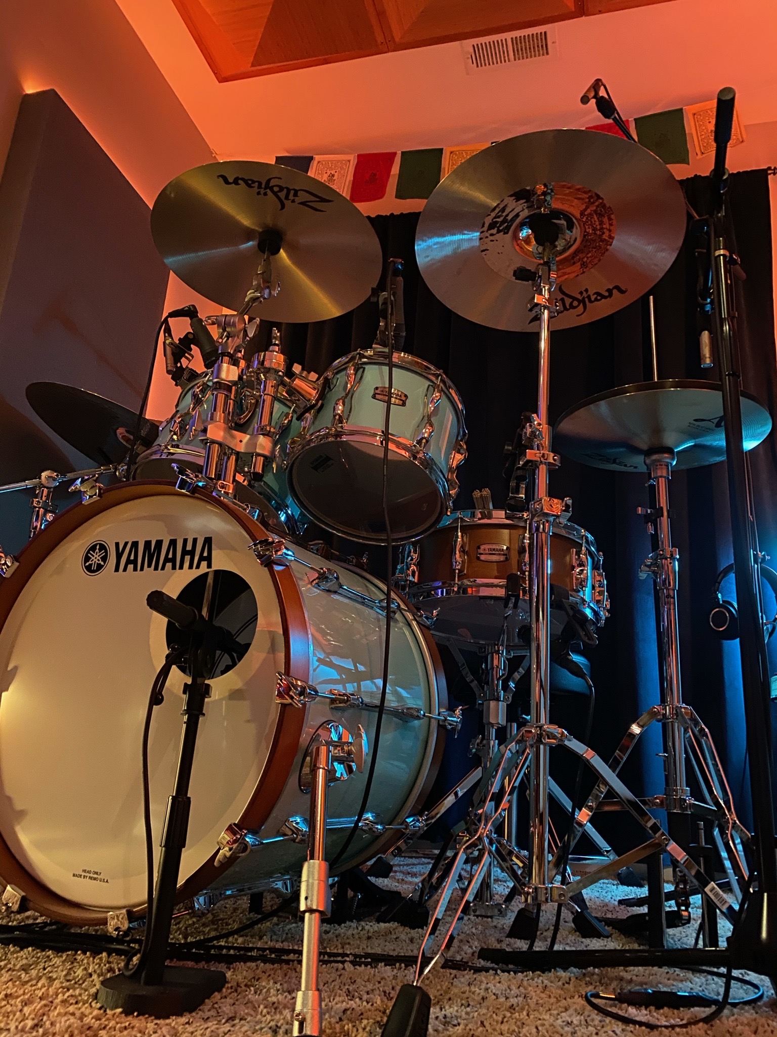 Yamaha drum kit prepared for recording